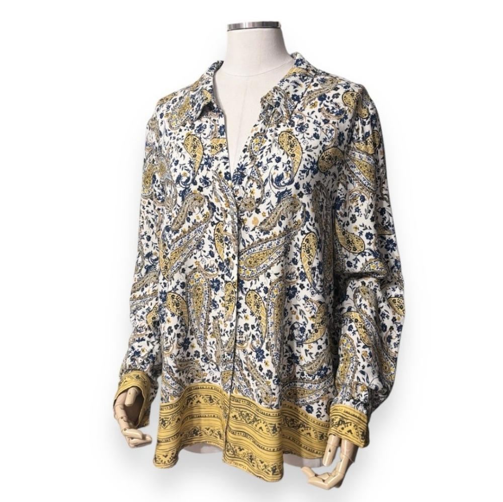 ZARA Blue & Yellow Paisley Collared V Neck Button Front Blouse